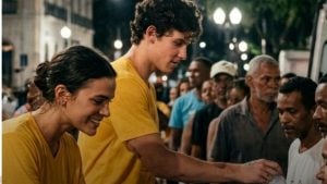 Bruna Marquezine e Shawn Mendes distribuem mais de 3 mil quentinhas no Rio