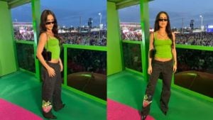 Jade Picon aposta em calça de cintura baixa e explica umbigo à mostra