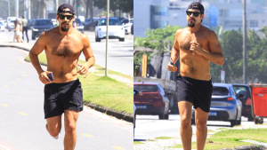 Nicolas Prattes se exercita na orla do Rio durante folga das gravações