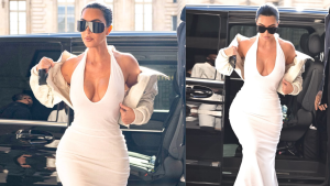 Kim Kardashian impressiona em Paris ao surgir com vestido justo durante viagem; veja fotos