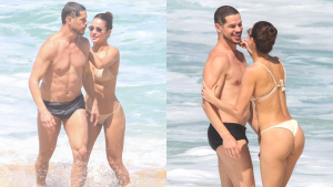 Nanda Marques e José Loreto trocam chamegos e brincam no mar durante dia de praia no Rio