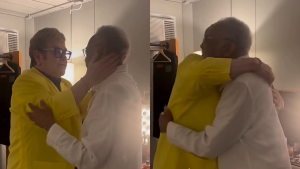 Elton John e Gilberto Gil se reencontram nos bastidores do Rock in Rio com abraços e elogios: “Sua lenda”
