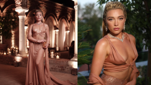 Florence Pugh encanta Veneza com look cor de carne e decote extremo em evento Max Mara