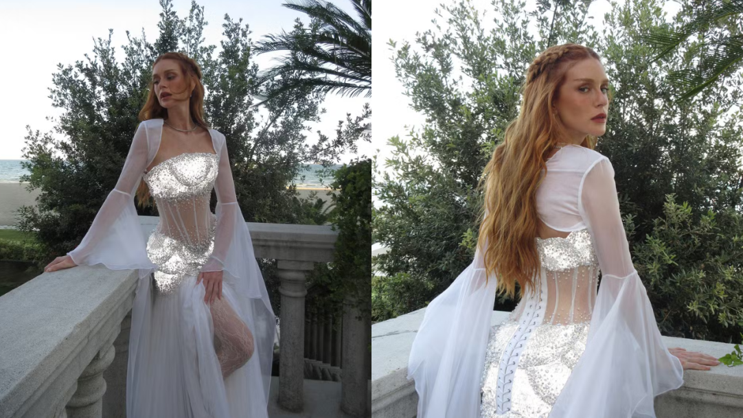 Marina Ruy Barbosa rouba a cena em Veneza com look “all white” de cristais e transparência