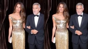 Amal Clooney brilha com look metálico ao lado de George Clooney