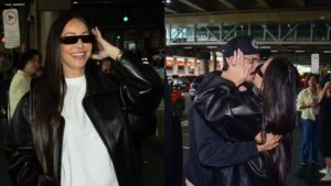 Sabrina Sato volta de Paris e é recebida aos beijos por Nicolas Prattes