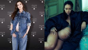 Grávida, Anne Hathaway conta que Rihanna é sua inspiração de estilo