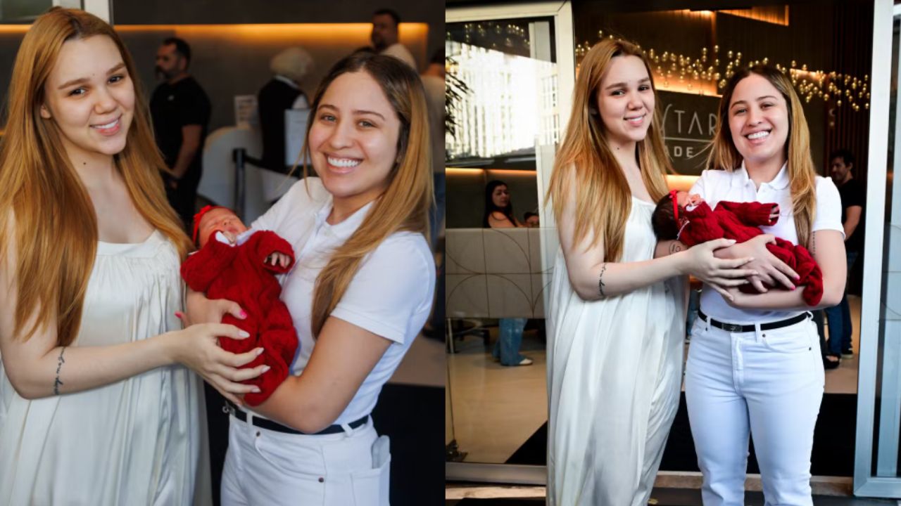 Mari Fernandez e Júlia Ribeiro deixam hospital com a primeira filha