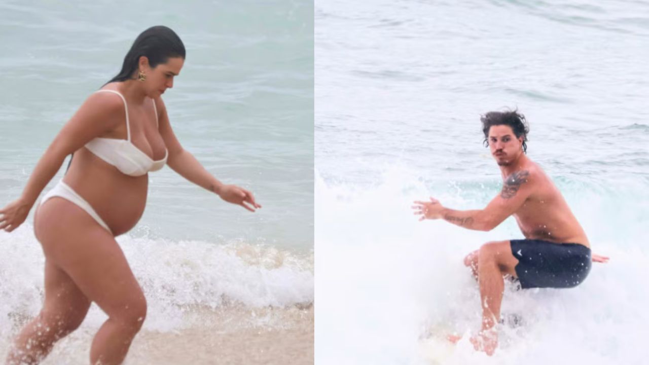 Grávida, Mari Saad troca beijos com Rômulo Arantes Neto em praia no Rio