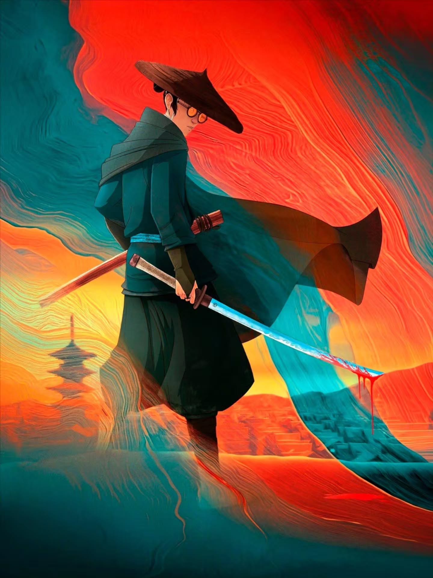 Ilustração de um samurai usando chapéu tradicional japonês, óculos redondos e roupas em tons de verde-escuro, segurando uma espada com lâmina azulada. Ao fundo, formas onduladas em vermelho, laranja, amarelo e azul-turquesa criam um cenário artístico e vibrante.