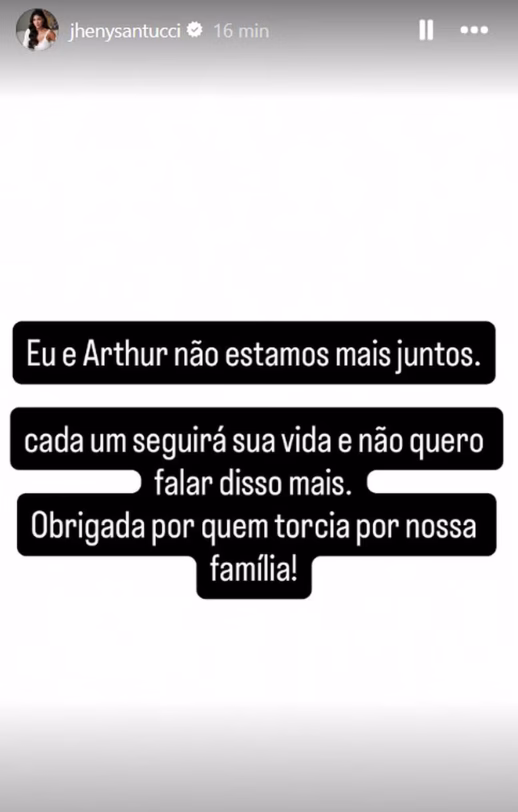 À espera de um bebê, Jheny Santucci confirma término com Arthur Aguiar menos de três meses após casamento À espera de um bebê, Jheny Santucci confirma término com Arthur Aguiar menos de três meses após casamento