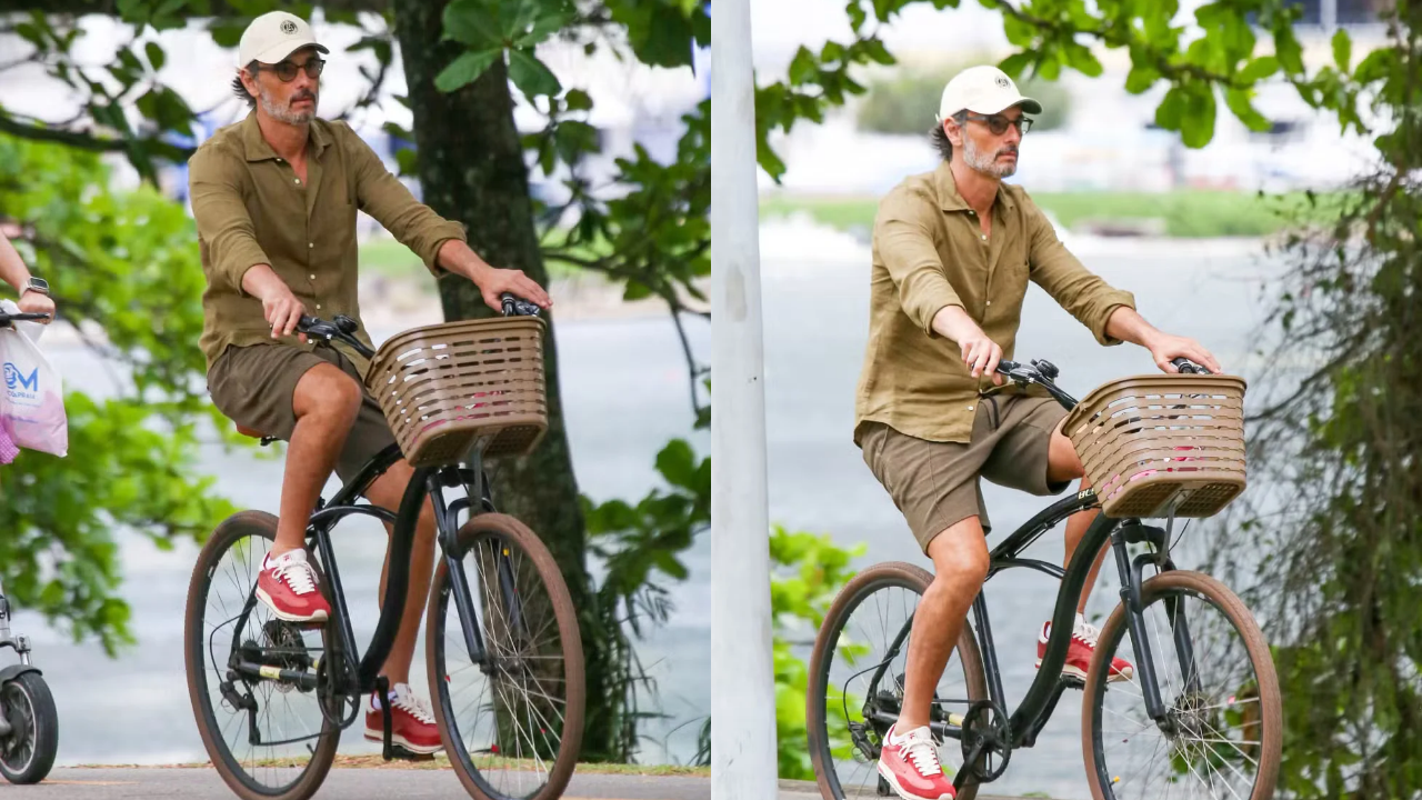 Discreto, Rodrigo Santoro é visto pedalando pela Lagoa Rodrigo de Freitas, no Rio
