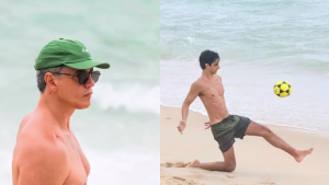 Márcio Garcia prestigia treino de futevôlei do filho mais velho em praia do Rio